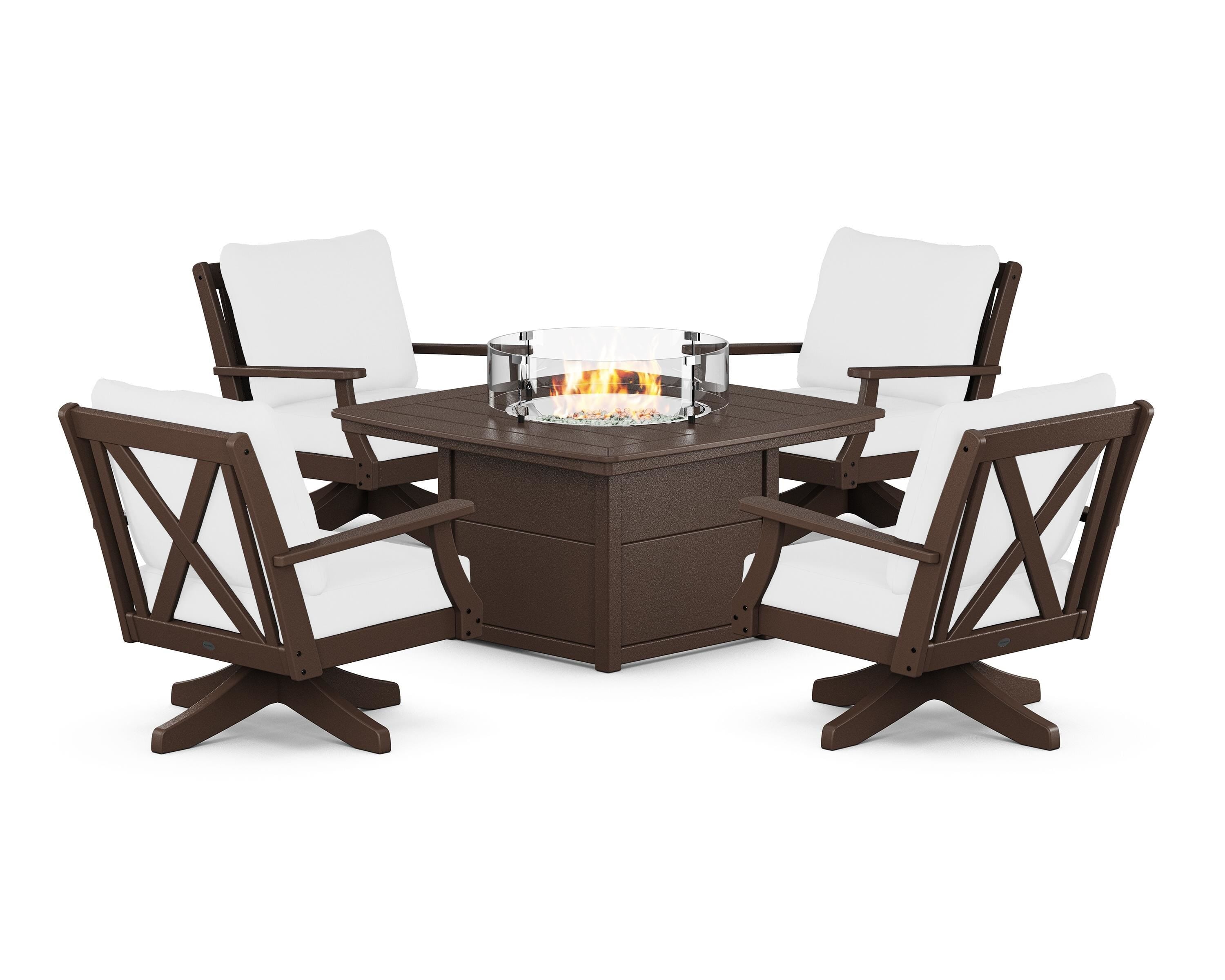 POLYWOOD® Braxton 5-Piece Deep Seating Swivel Conversation Set with Fire Pit Table in Mahogany / Natural
