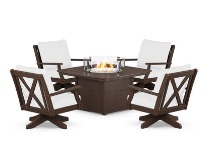 POLYWOOD® Braxton 5-Piece Deep Seating Swivel Conversation Set with Fire Pit Table in Mahogany / Natural
