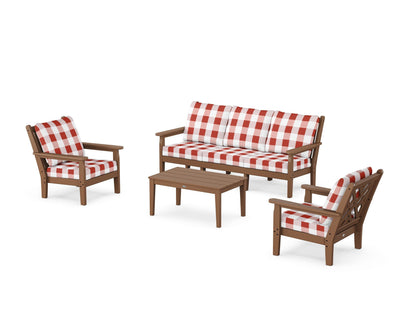 POLYWOOD® Chippendale 4-Piece Deep Seating Set with Sofa in Teak / Buffalo Plaid Crimson