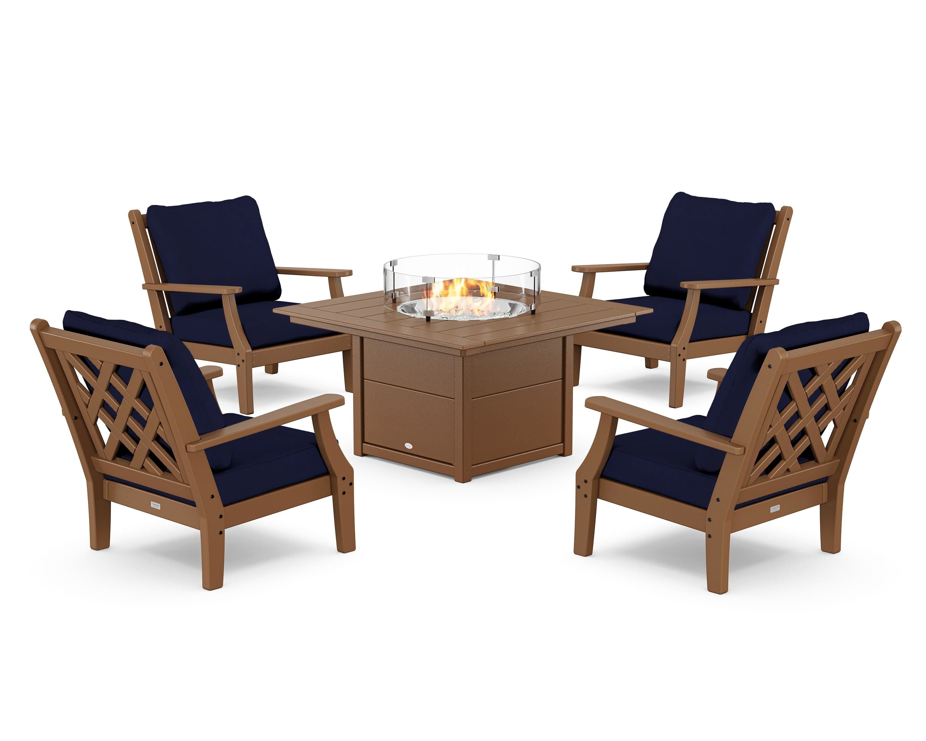 Country Living Wovendale 5-Piece Deep Seating Set with Fire Pit Table in Teak / Navy