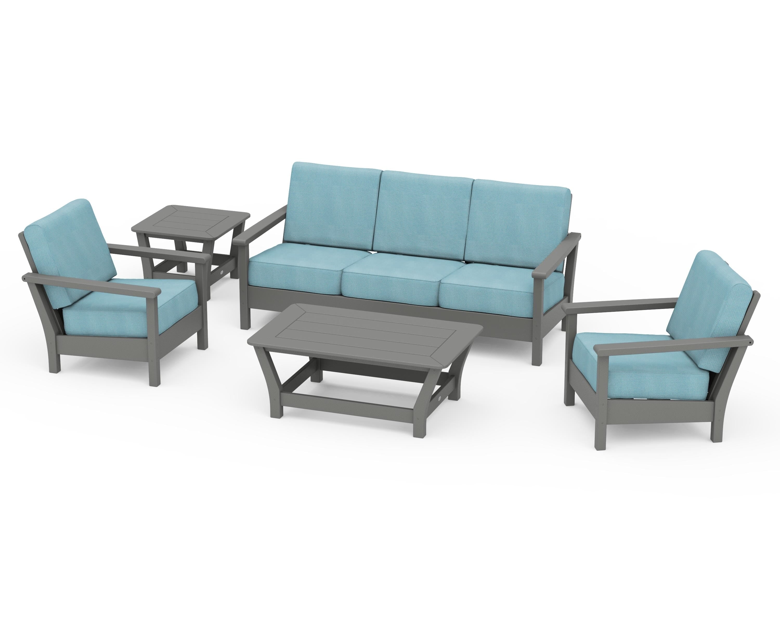 POLYWOOD® Harbour 5-Piece Deep Seating Set in Slate Grey / Lattice Sky Blue