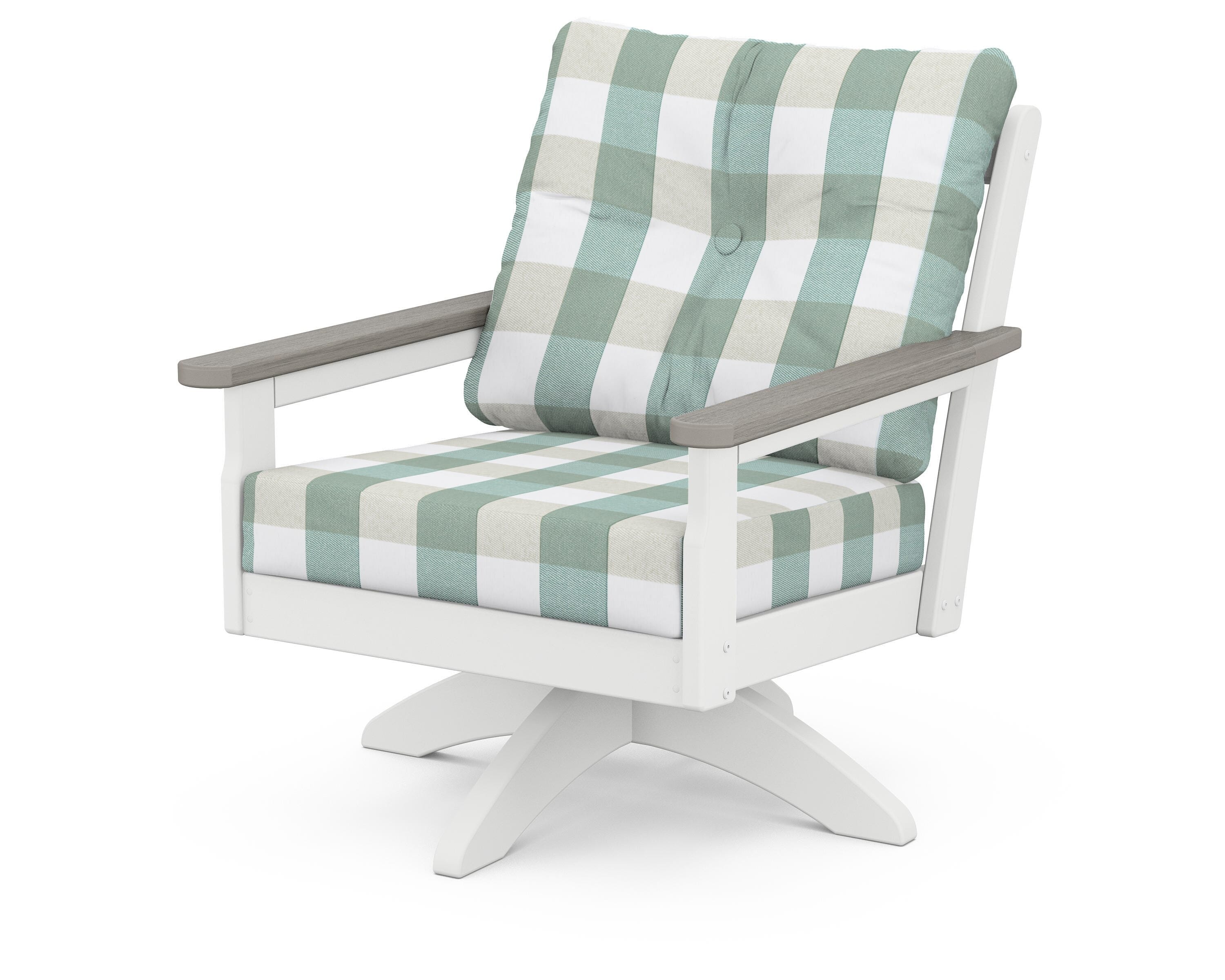 POLYWOOD® Vineyard Deep Seating Swivel Chair in White / Driftwood / Buffalo Plaid Glacier Spa