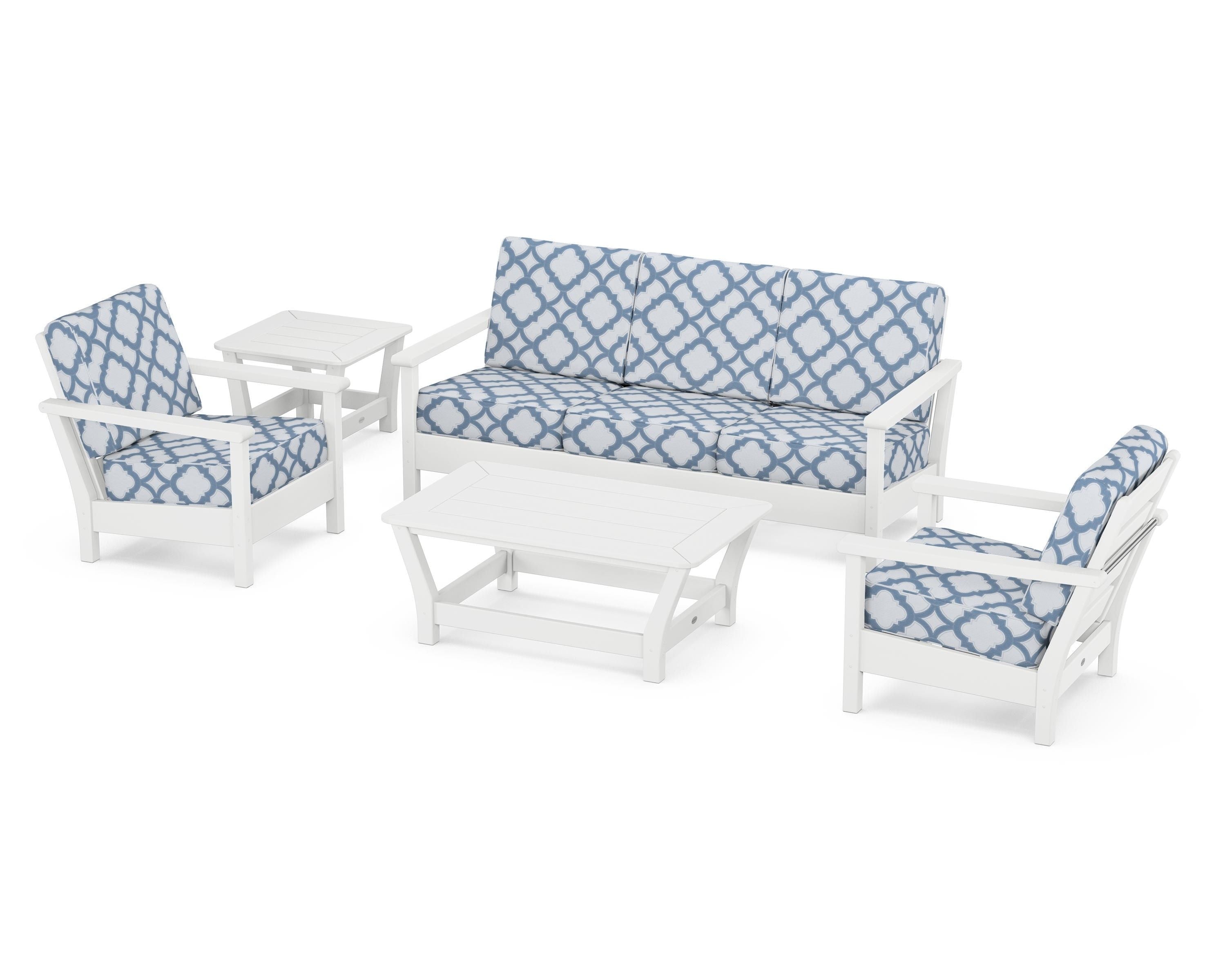 POLYWOOD® Harbour 5-Piece Deep Seating Set in White / Trellis Sky Blue