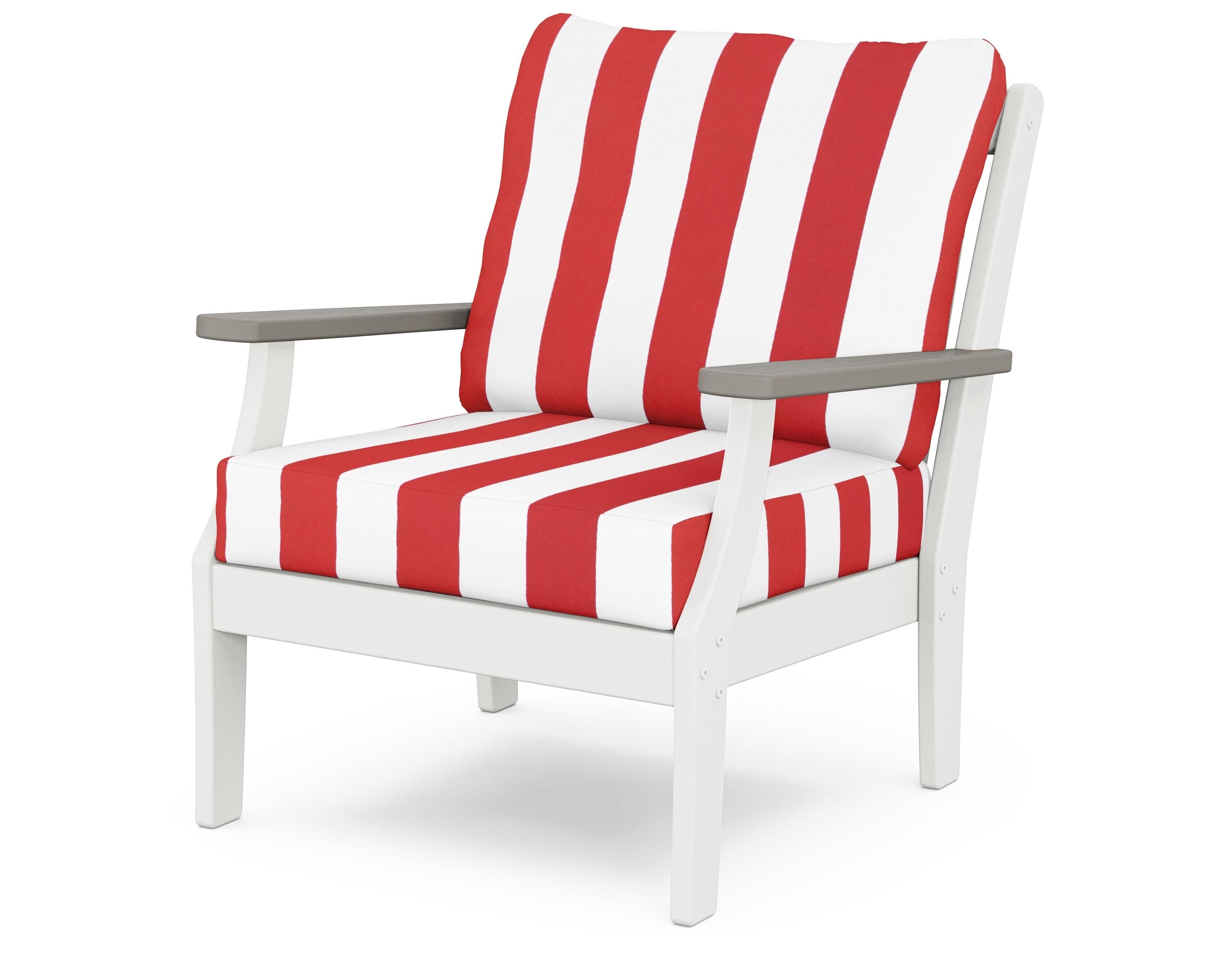 POLYWOOD® Braxton Deep Seating Chair in White / Driftwood / Cabana Stripe Crimson