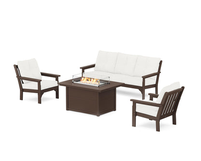POLYWOOD® Vineyard Deep Seating Fire Pit Table Set in Mahogany / Natural Linen