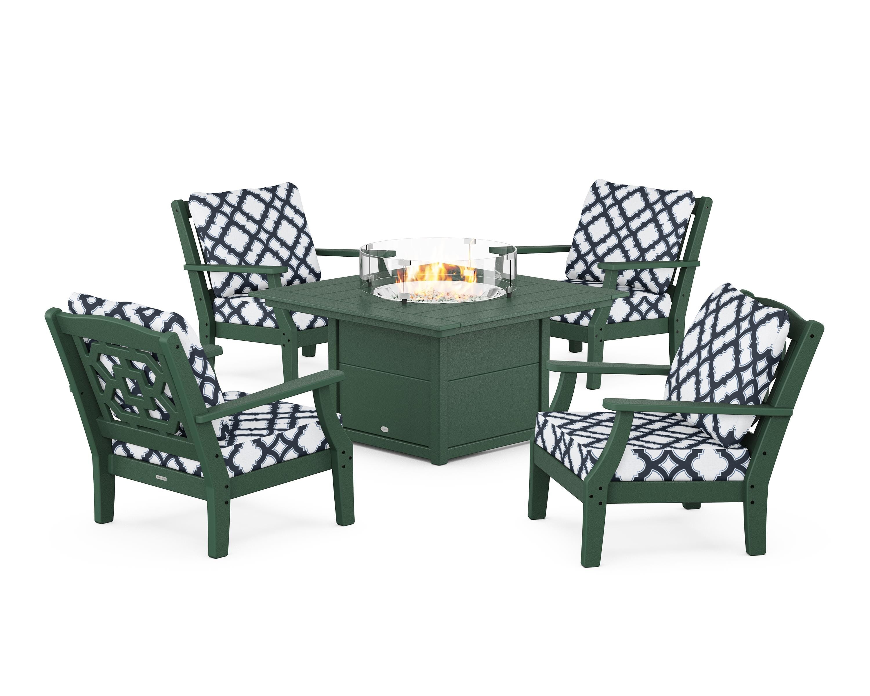 Martha Stewart by POLYWOOD® Chinoiserie 5-Piece Deep Seating Set with Fire Pit Table in Green / Trellis Marine Indigo