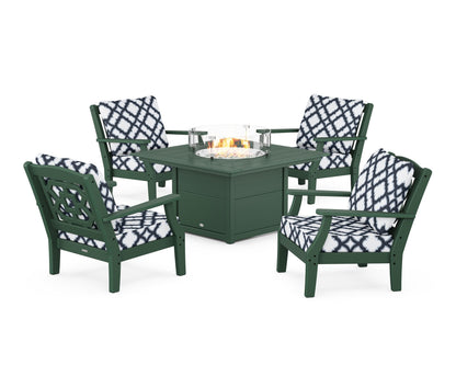 Martha Stewart by POLYWOOD® Chinoiserie 5-Piece Deep Seating Set with Fire Pit Table in Green / Trellis Marine Indigo