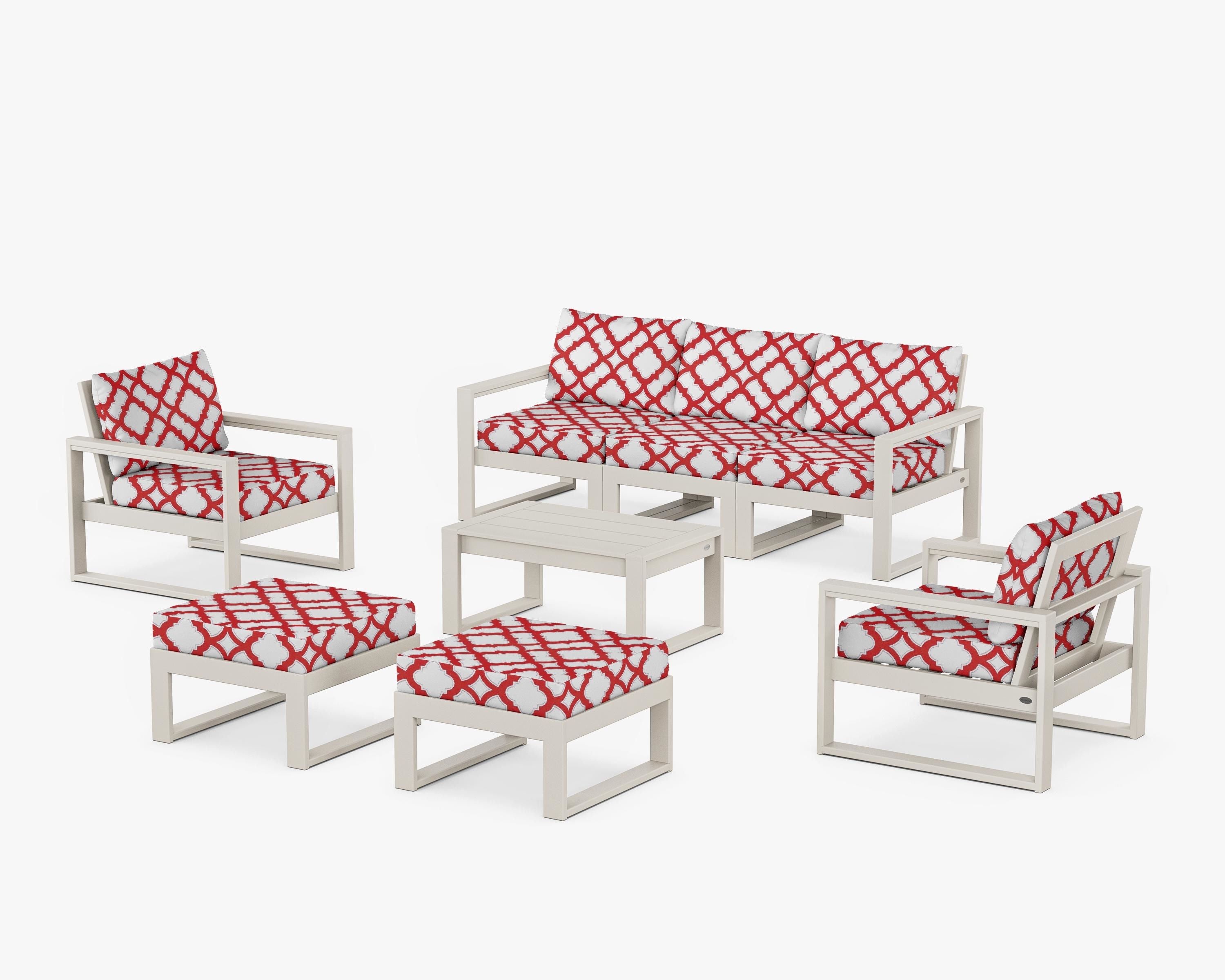 POLYWOOD® EDGE Sectional 8-Piece Lounge Sofa Set in Sand / Trellis Crimson