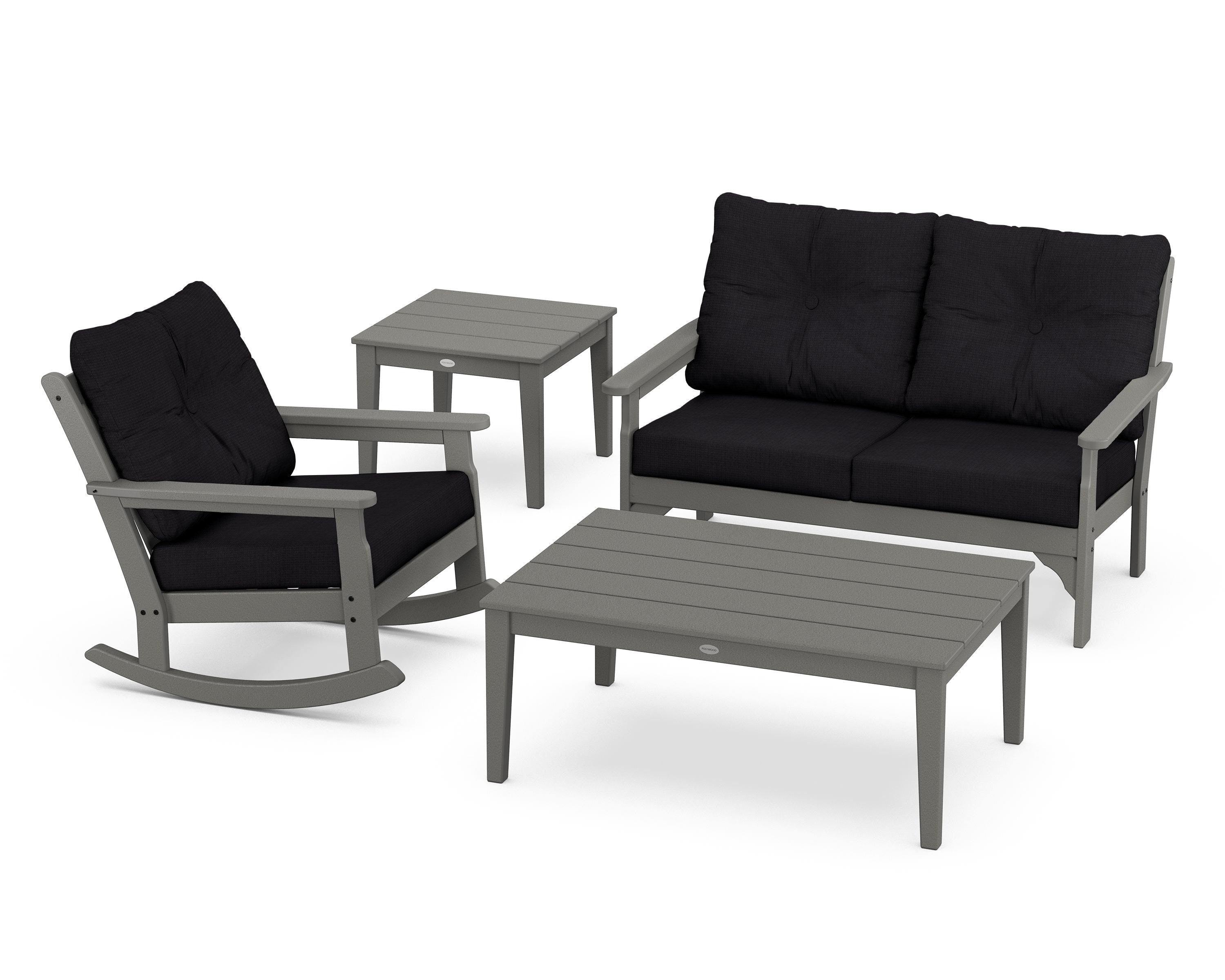 POLYWOOD® Vineyard 4-Piece Deep Seating Rocker Set in Slate Grey / Midnight Linen