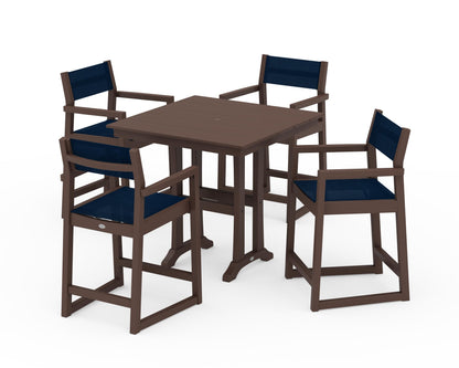 POLYWOOD® EDGE Sling Arm Chair 5-Piece Farmhouse Counter Set with Trestle Legs in Mahogany / Navy Blue Sling