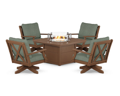 POLYWOOD® Braxton 5-Piece Deep Seating Swivel Conversation Set with Fire Pit Table in Teak / Cast Sage