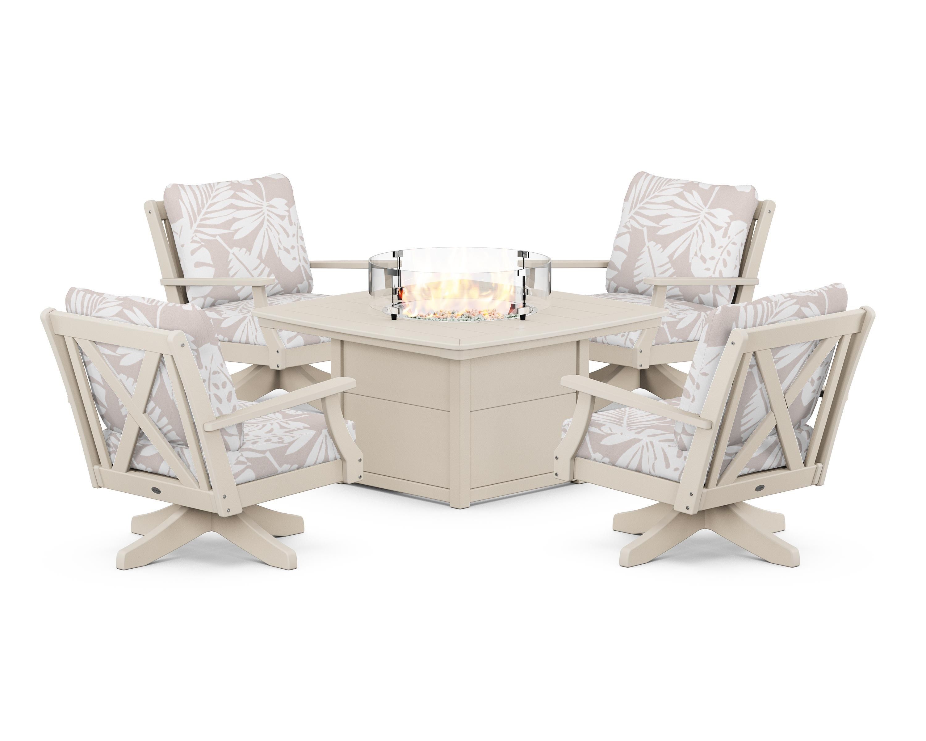POLYWOOD® Braxton 5-Piece Deep Seating Swivel Conversation Set with Fire Pit Table in Sand / Leaf Dune Burlap