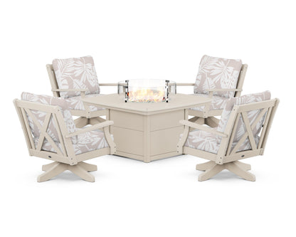 POLYWOOD® Braxton 5-Piece Deep Seating Swivel Conversation Set with Fire Pit Table in Sand / Leaf Dune Burlap