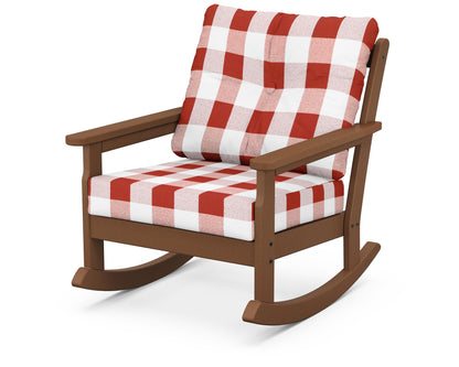 POLYWOOD® Vineyard Deep Seating Rocking Chair in Teak / Buffalo Plaid Crimson
