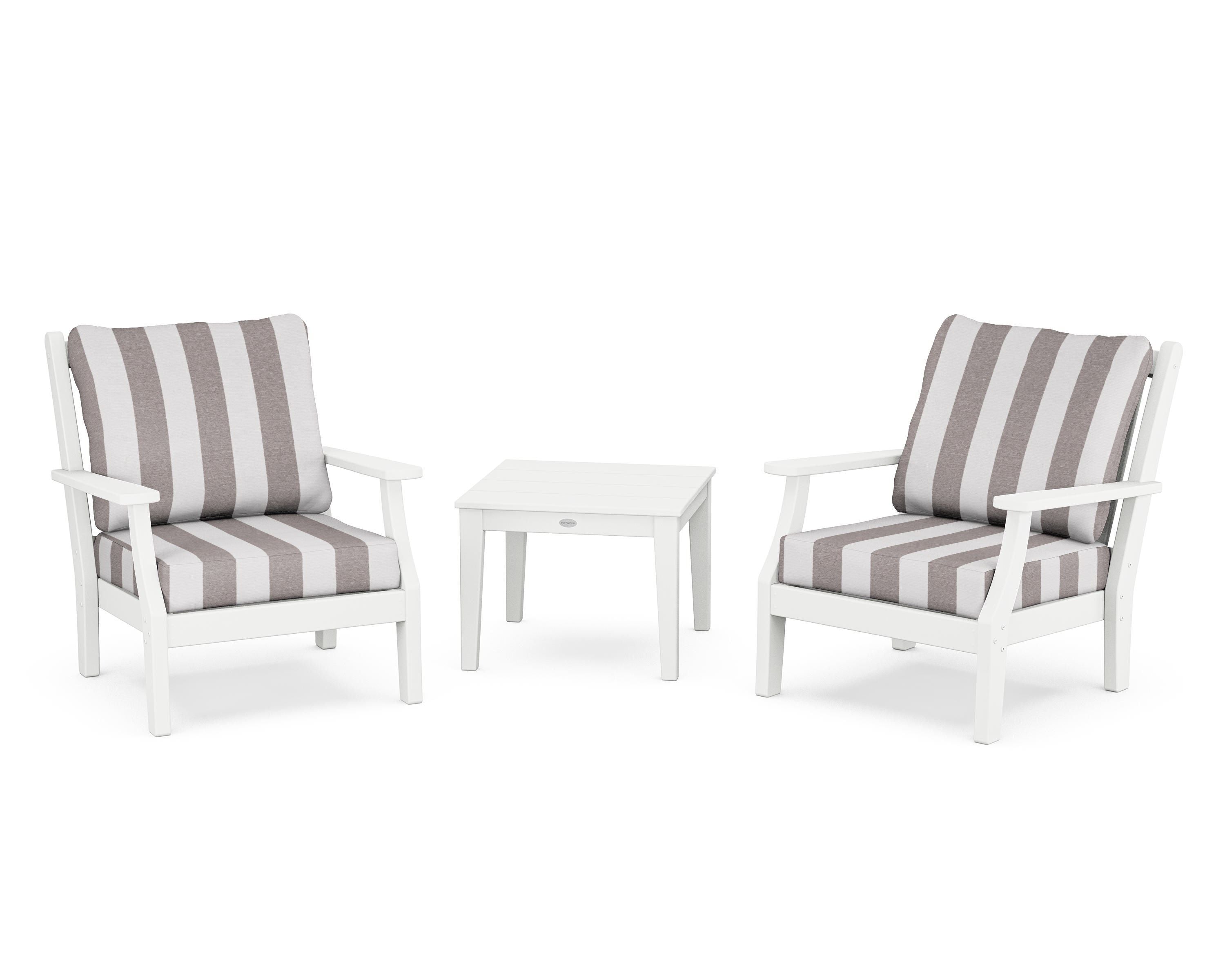 Country Living Wovendale 3-Piece Deep Seating Set in White / Cabana Stripe Grey Mist