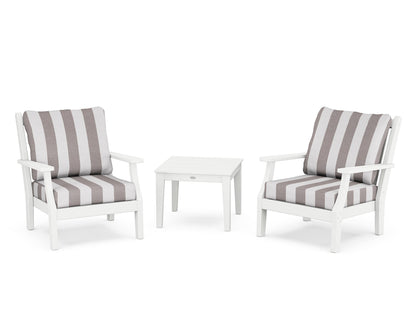 Country Living Wovendale 3-Piece Deep Seating Set in White / Cabana Stripe Grey Mist