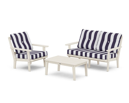 POLYWOOD® Oxford 3-Piece Deep Seating Set with Loveseat in Sand / Cabana Stripe Navy