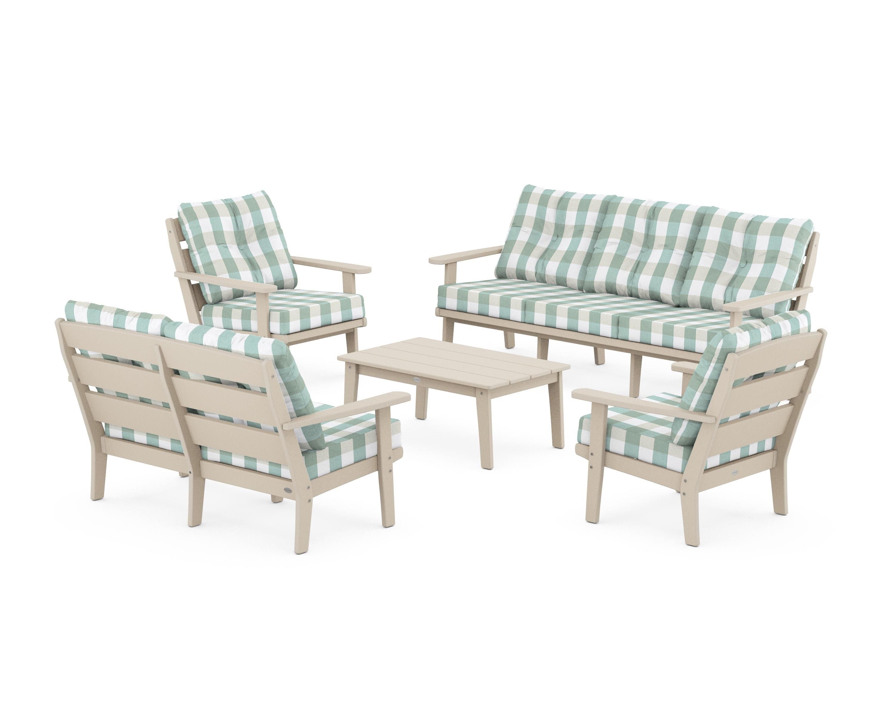 POLYWOOD® Lakeside 5-Piece Lounge Sofa Set in Sand / Buffalo Plaid Glacier Spa