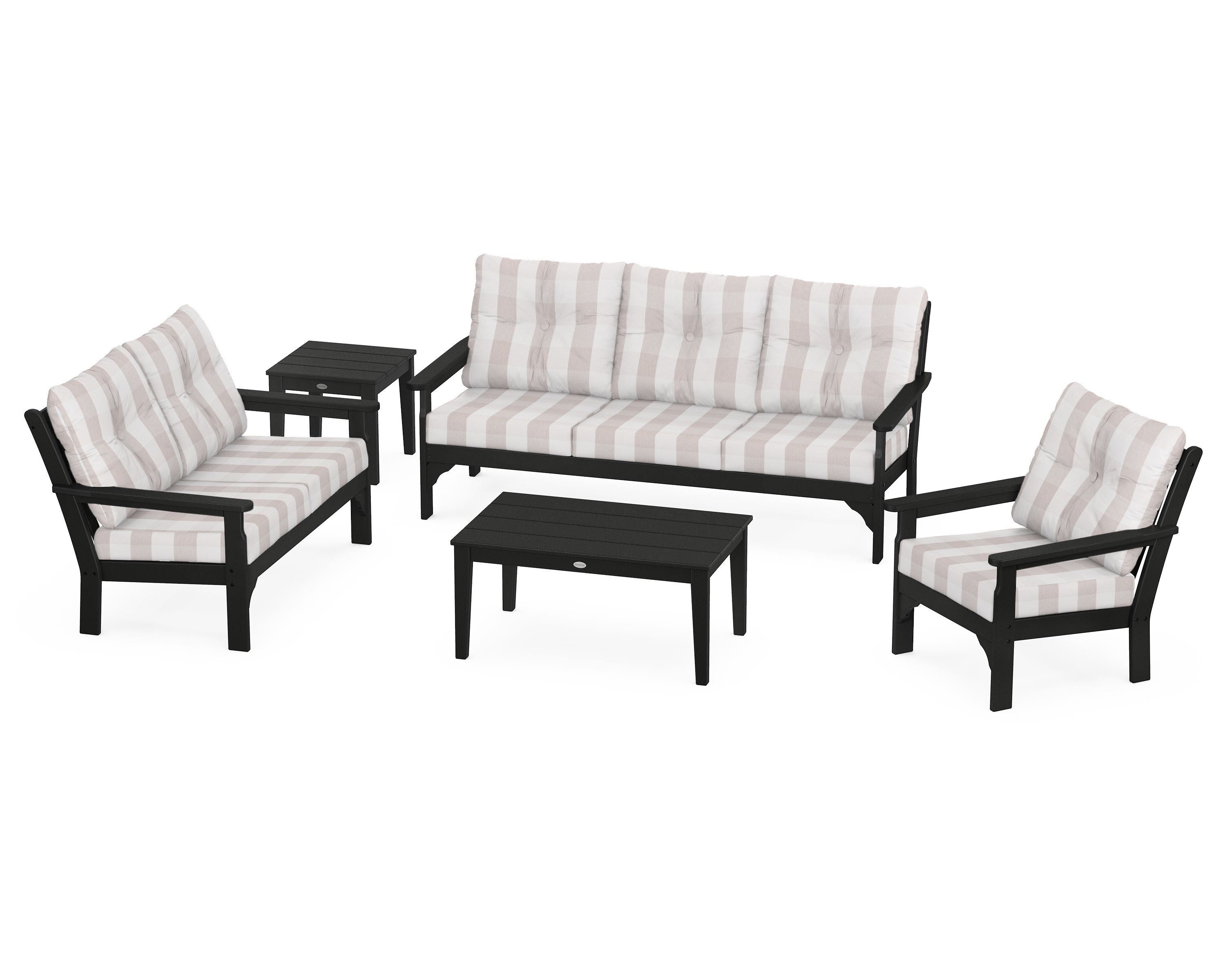 POLYWOOD® Vineyard 5 Piece Deep Seating Set in Black / Buffalo Plaid Dune Burlap