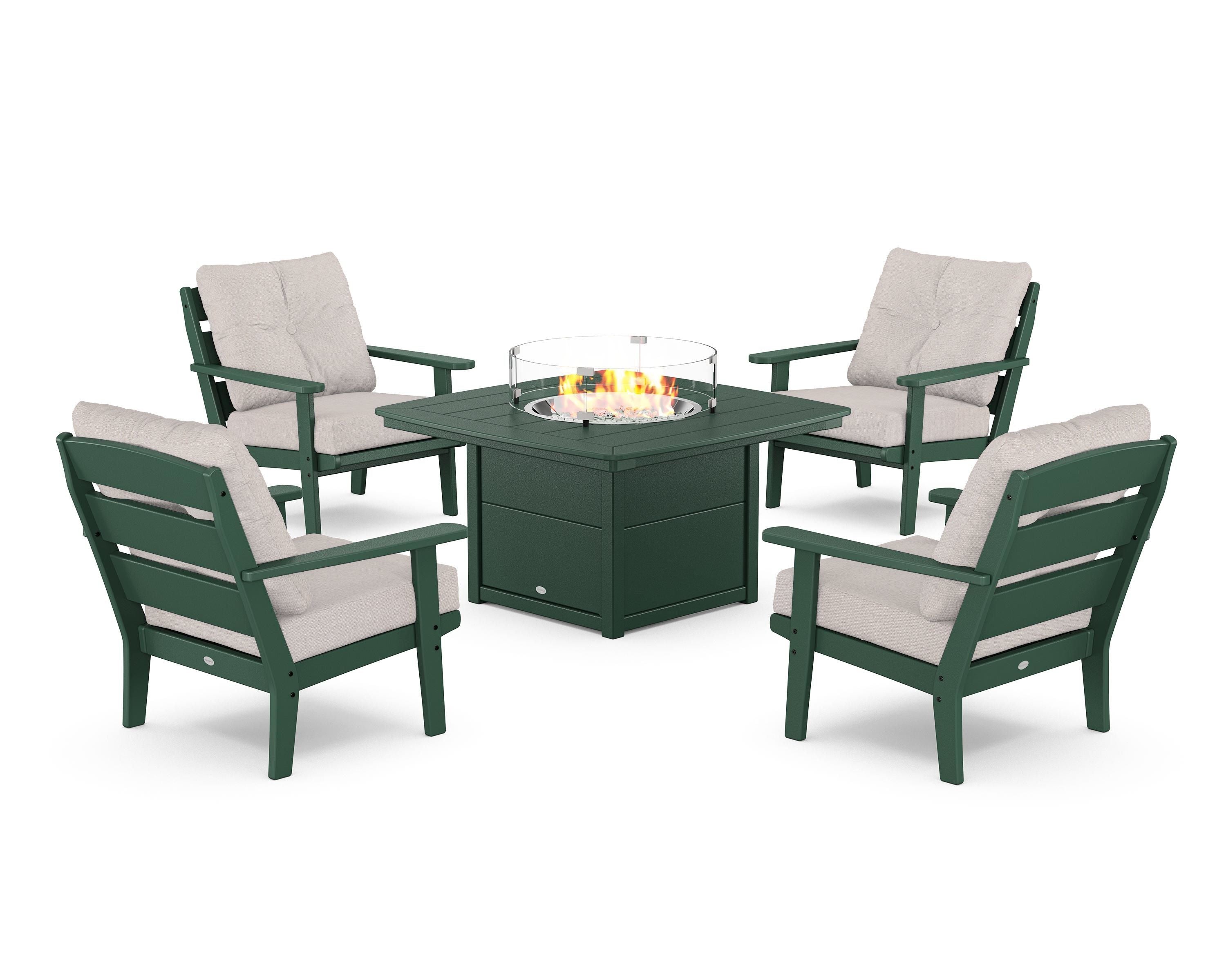 POLYWOOD® Lakeside 5-Piece Deep Seating Set with Nautical Fire Pit Table in Green / Dune Burlap