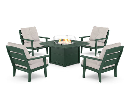 POLYWOOD® Lakeside 5-Piece Deep Seating Set with Nautical Fire Pit Table in Green / Dune Burlap