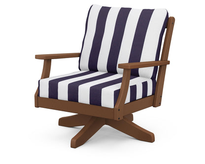 POLYWOOD® Braxton Deep Seating Swivel Chair in Teak / Cabana Stripe Navy