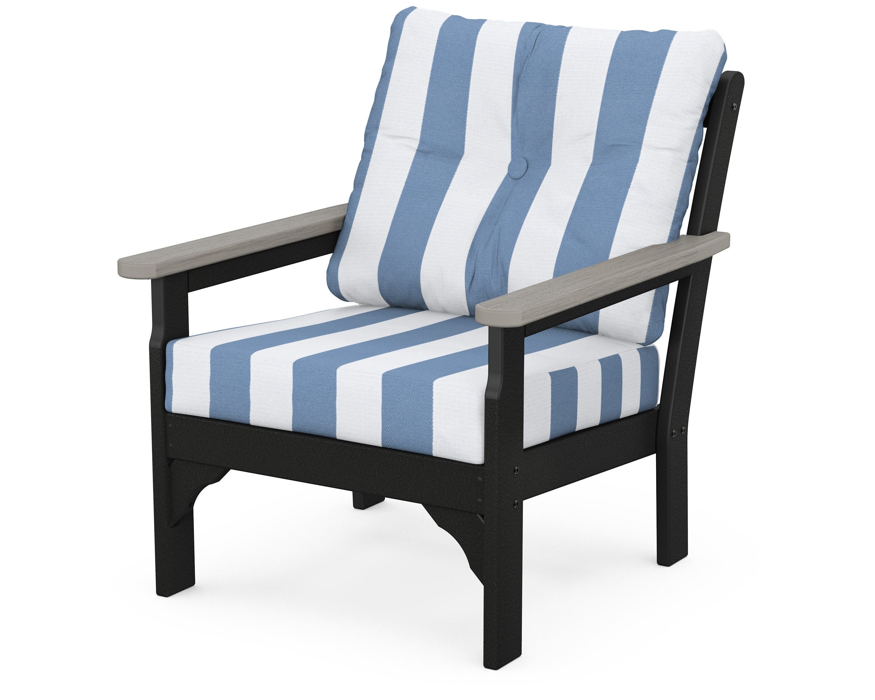 POLYWOOD® Vineyard Deep Seating Chair in Black / Driftwood / Cabana Stripe Sky Blue