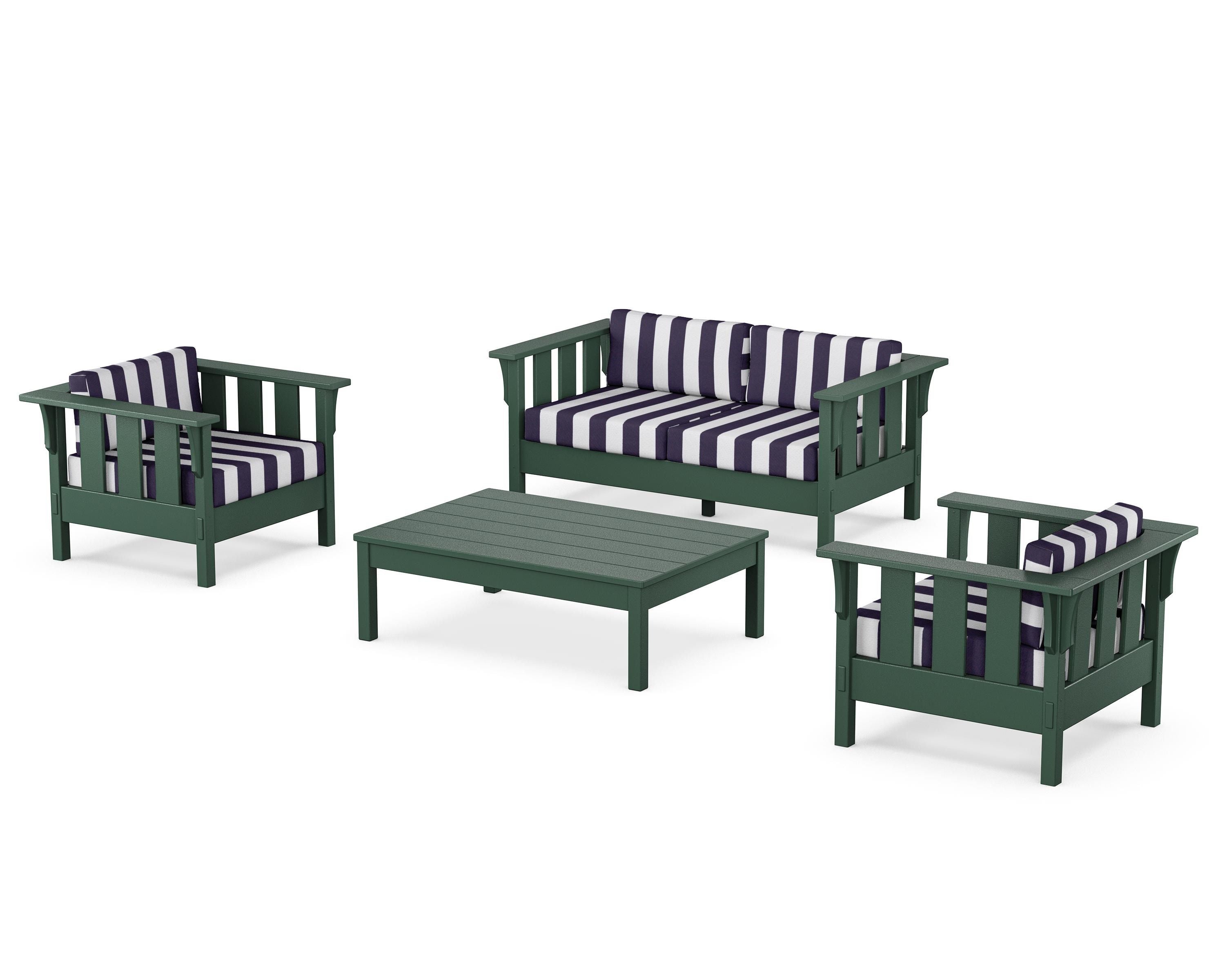 Martha Stewart by POLYWOOD® Acadia 4-Piece Deep Seating Set with Loveseat in Green / Cabana Stripe Navy