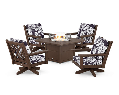 POLYWOOD® Chippendale 5-Piece Deep Seating Swivel Conversation Set with Fire Pit Table in Mahogany / Leaf Navy