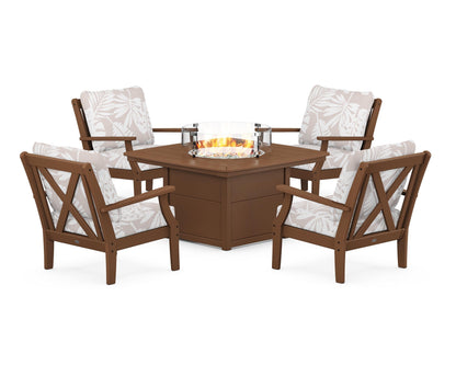 POLYWOOD® Braxton 5-Piece Deep Seating Conversation Set with Fire Pit Table in Teak / Leaf Dune Burlap