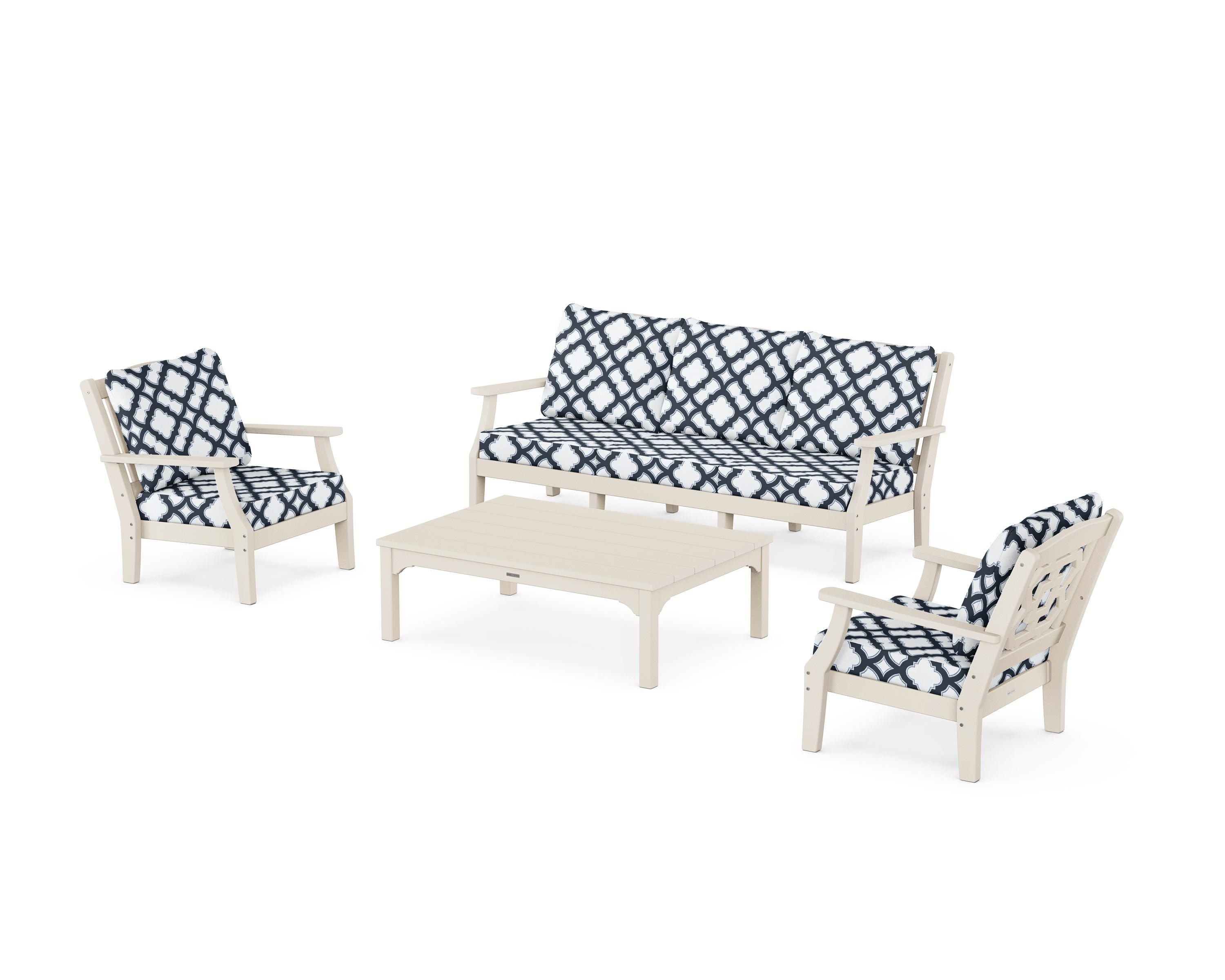 Martha Stewart by POLYWOOD® Chinoiserie 4-Piece Deep Seating Set with Sofa in Sand / Trellis Marine Indigo