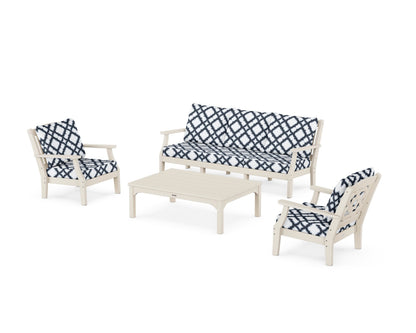 Martha Stewart by POLYWOOD® Chinoiserie 4-Piece Deep Seating Set with Sofa in Sand / Trellis Marine Indigo