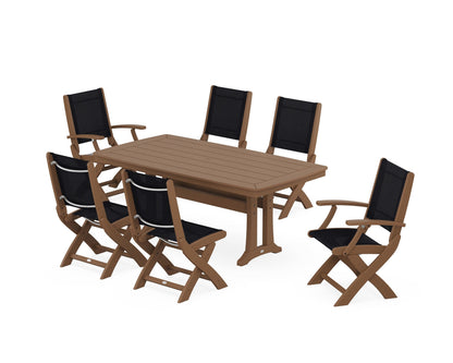 POLYWOOD® Coastal Folding Chair 7-Piece Dining Set with Trestle Legs in Teak / Black Sling