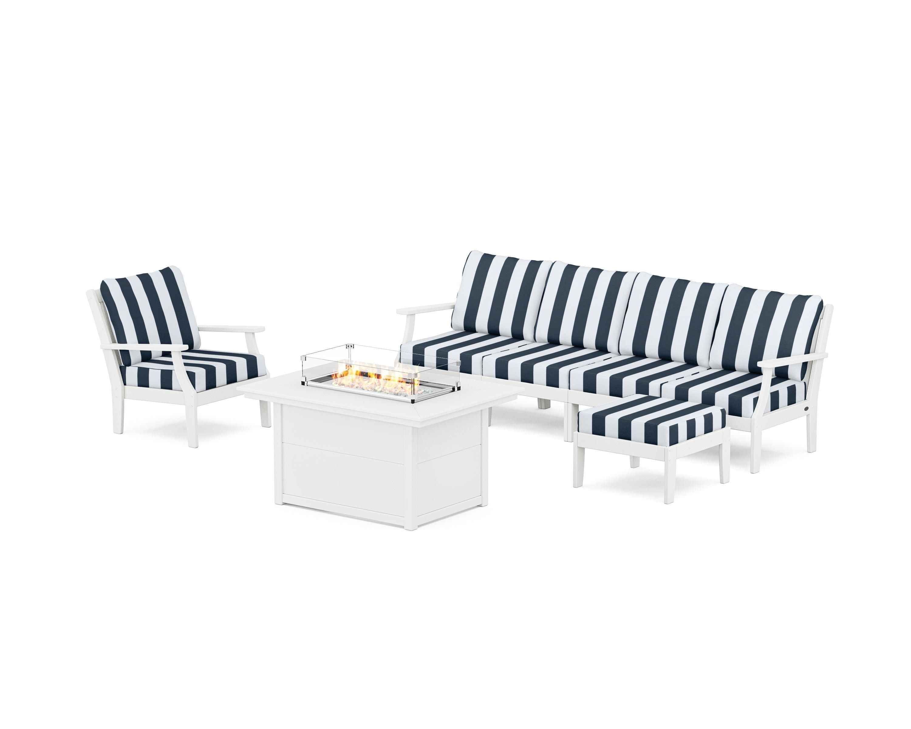 POLYWOOD® Braxton Sectional Lounge and Fire Pit Set in White / Cabana Stripe Marine Indigo
