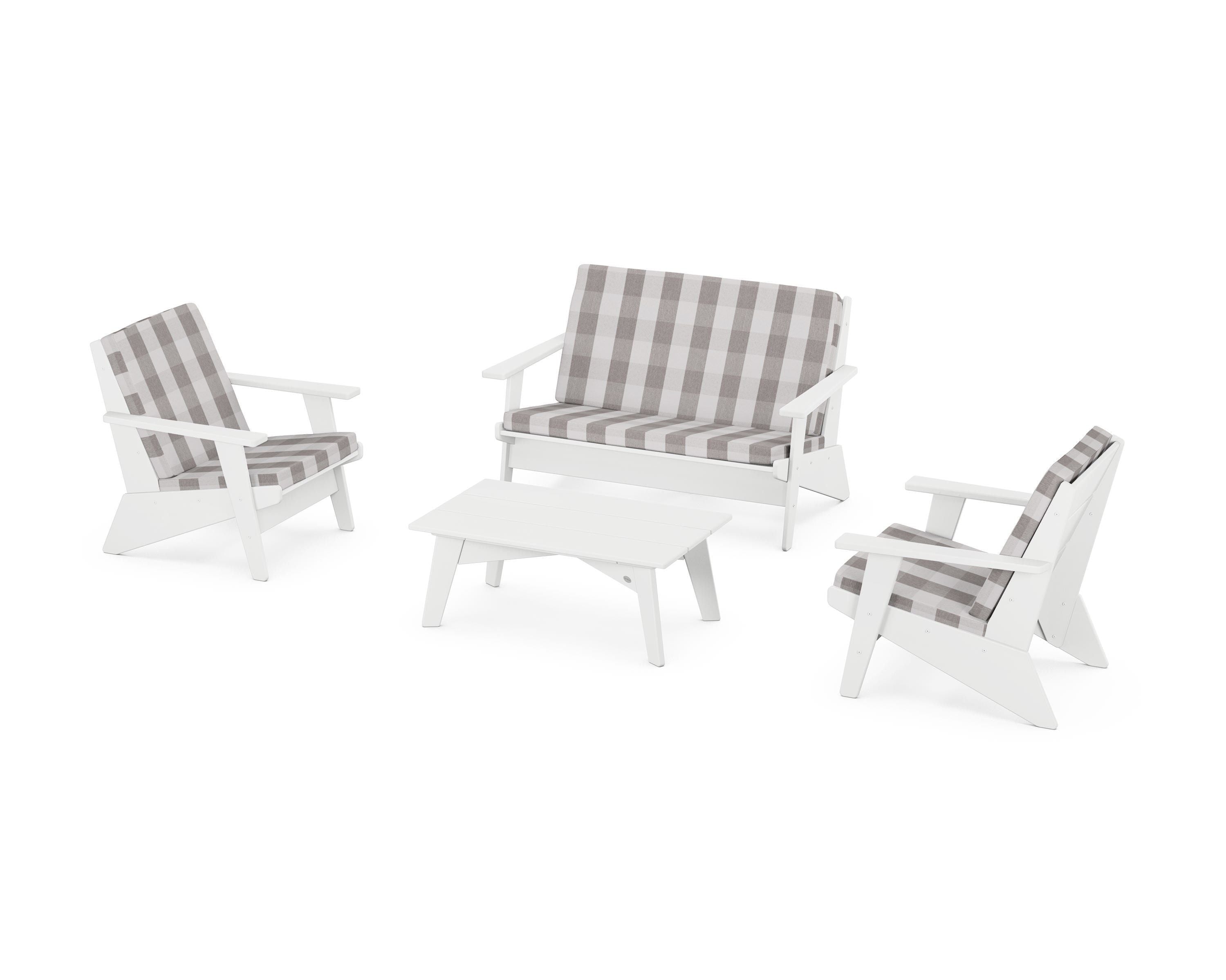 POLYWOOD® Riviera Modern Lounge 4-Piece Set in White / Buffalo Plaid Grey Mist