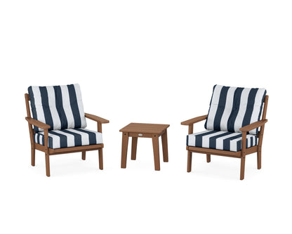POLYWOOD® Prairie 3-Piece Deep Seating Set in Teak / Cabana Stripe Marine Indigo