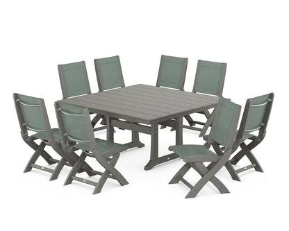 POLYWOOD® Coastal Folding Side Chair 9-Piece Farmhouse Dining Set in Slate Grey / Dupioni Sea Mist Sling