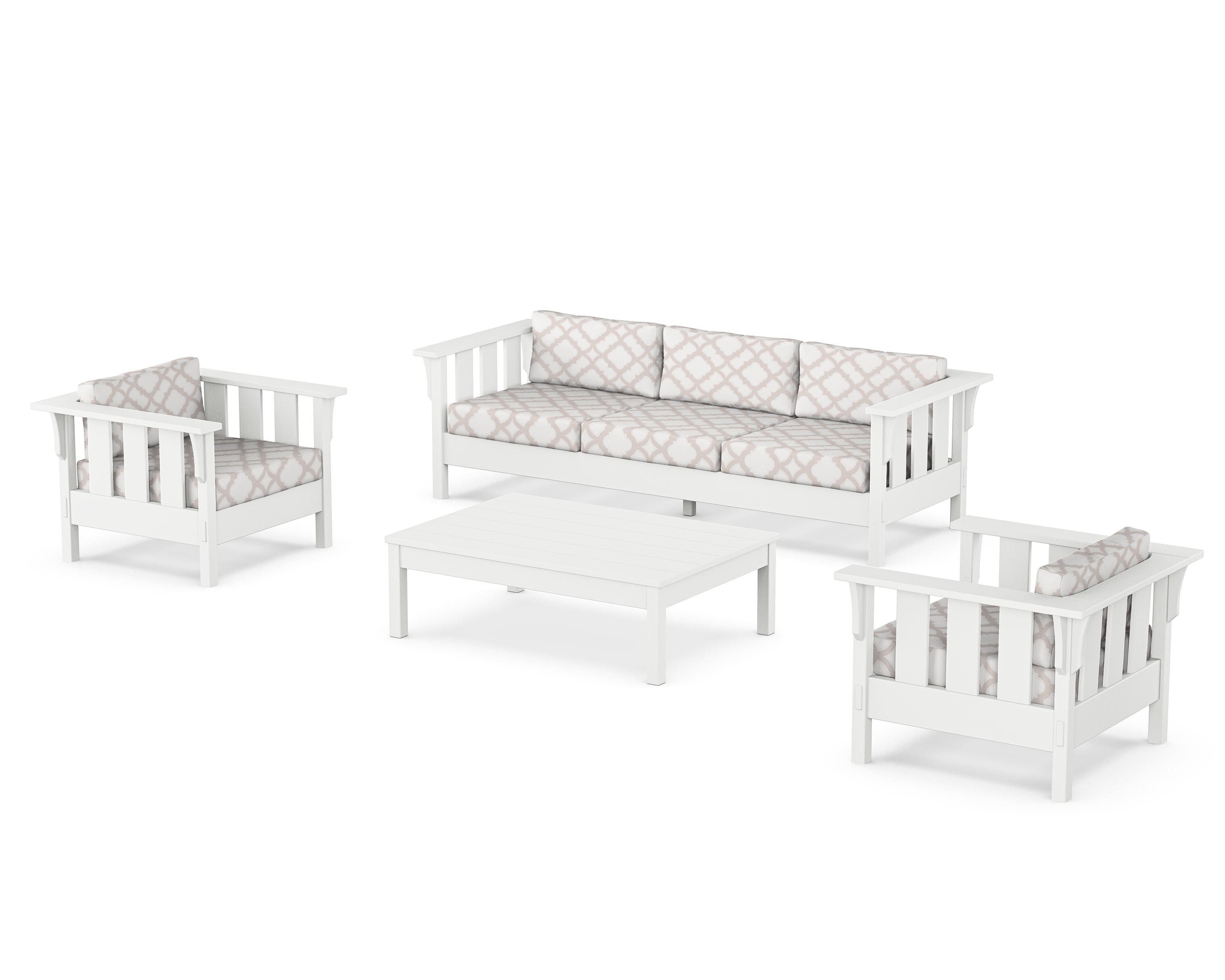 Martha Stewart by POLYWOOD® Acadia 4-Piece Deep Seating Set with Sofa in White / Trellis Dune Burlap