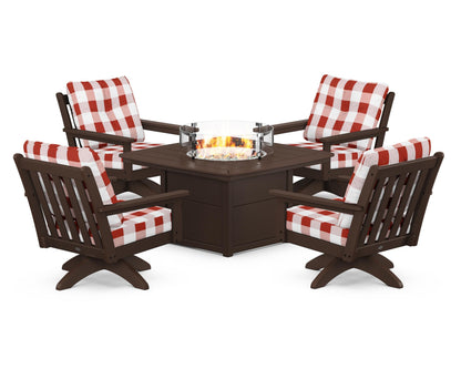 POLYWOOD® Vineyard 5-Piece Deep Seating Swivel Conversation Set with Fire Pit Table in Mahogany / Buffalo Plaid Crimson