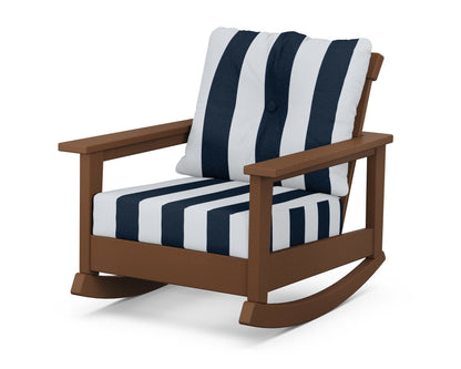 POLYWOOD® Prescott Deep Seating Rocking Chair in Teak / Cabana Stripe Marine Indigo