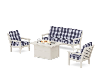 POLYWOOD® Vineyard Deep Seating Fire Pit Table Set in Sand / Buffalo Plaid Navy