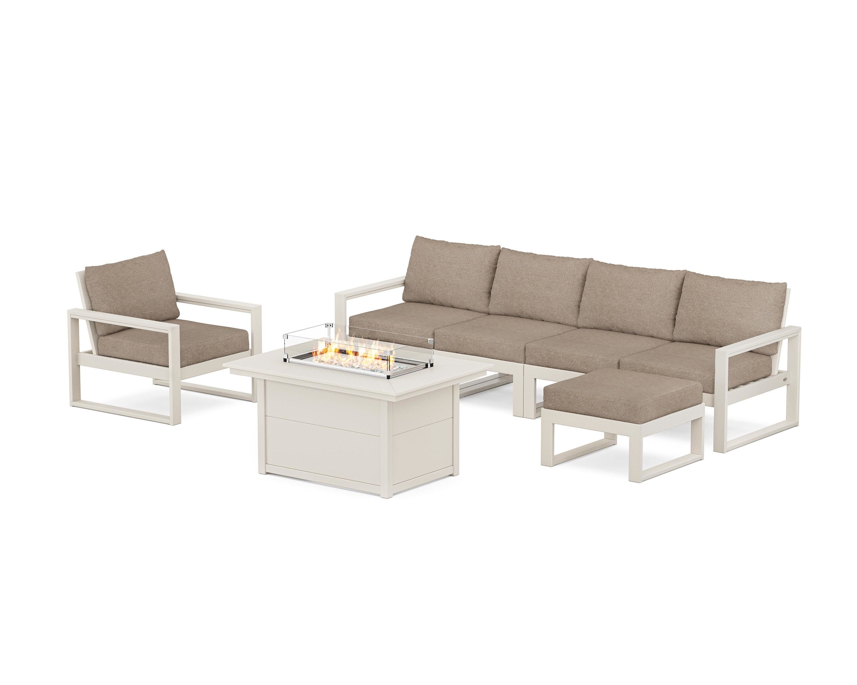 POLYWOOD® EDGE Sectional Lounge and Fire Pit Set in Sand / Spiced Burlap