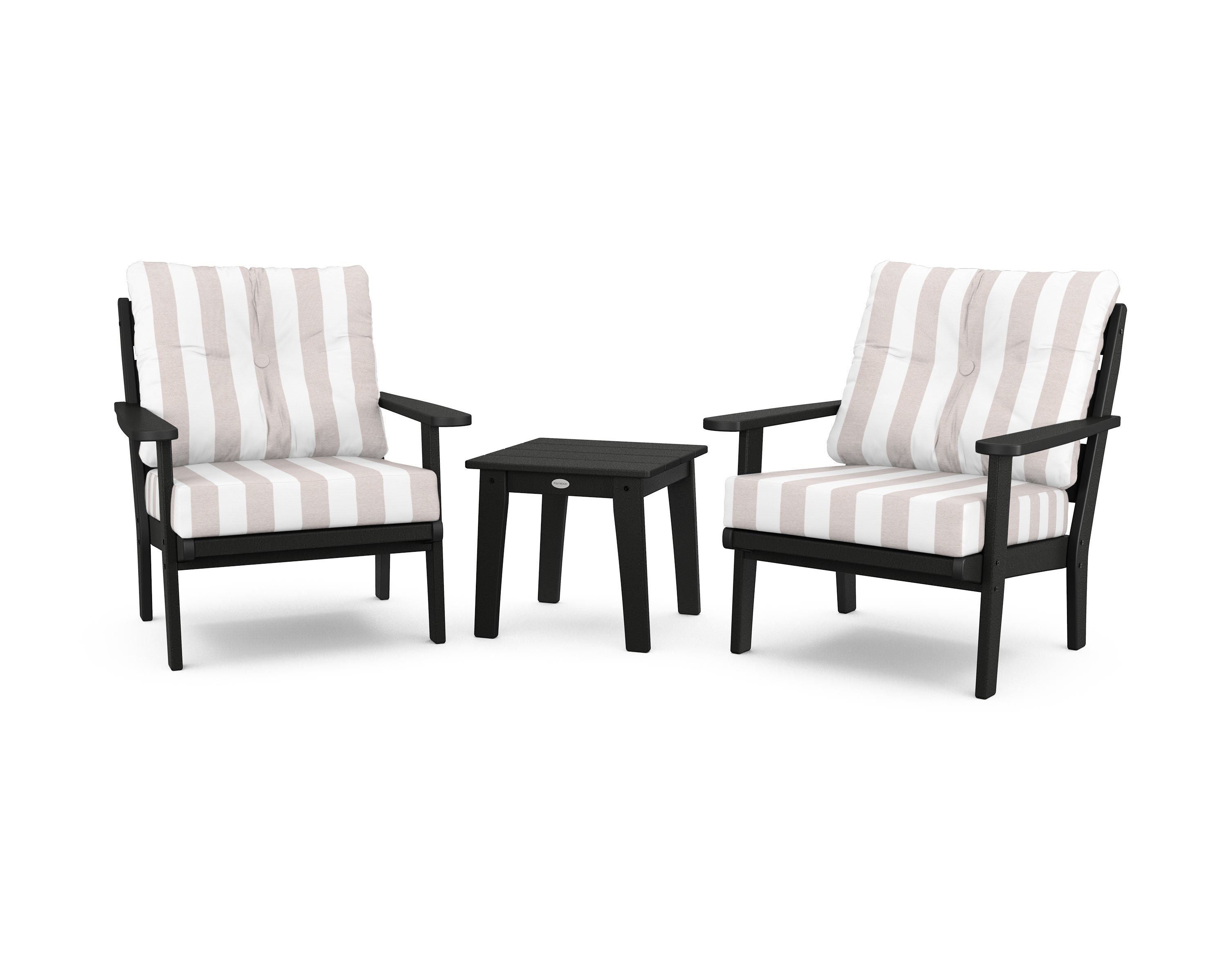 POLYWOOD® Lakeside 3-Piece Deep Seating Chair Set in Black / Cabana Stripe Dune Burlap