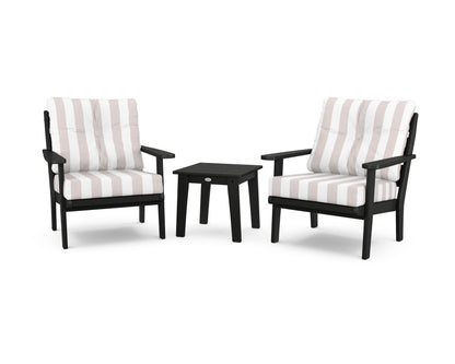 POLYWOOD® Lakeside 3-Piece Deep Seating Chair Set in Black / Cabana Stripe Dune Burlap