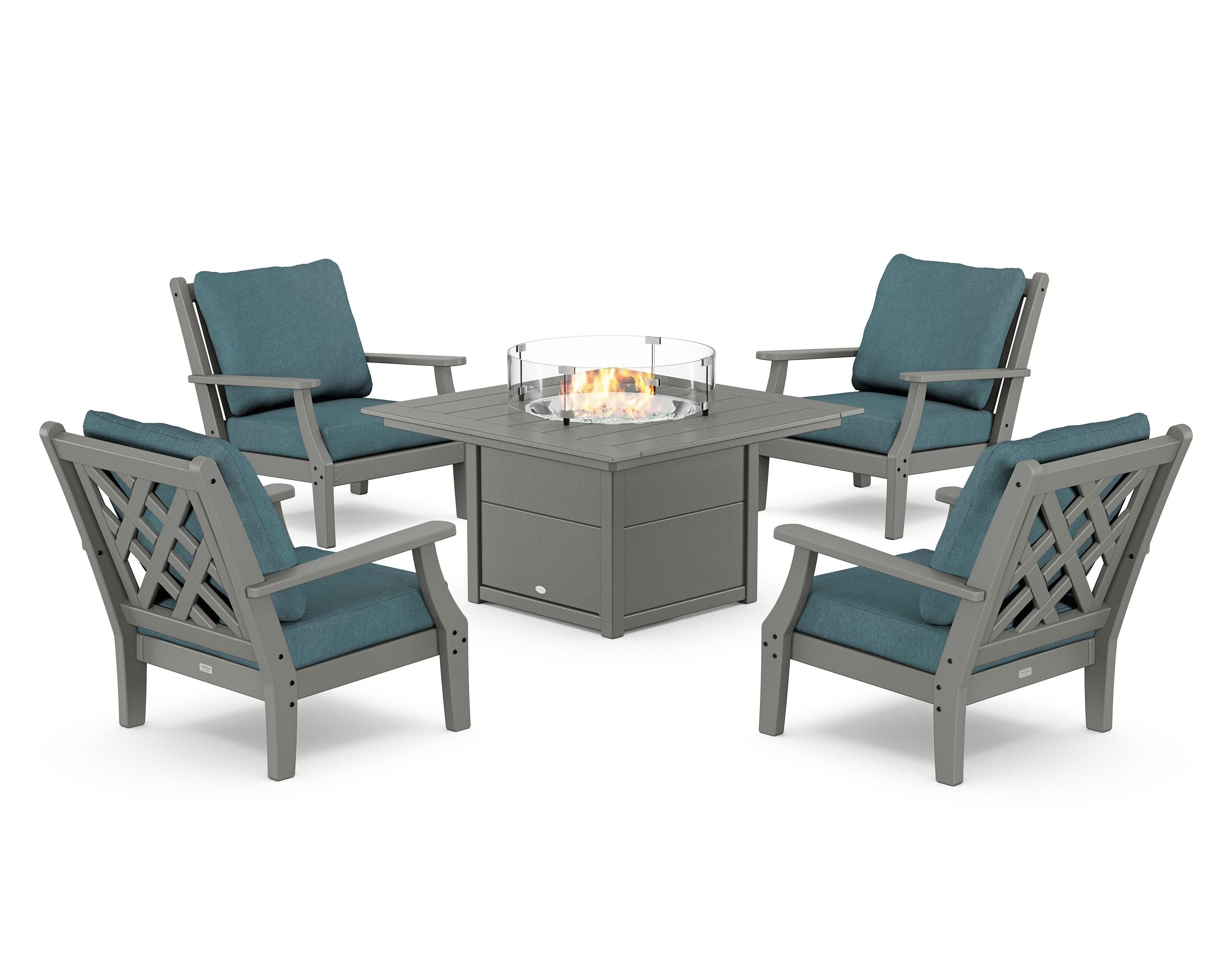 Country Living Wovendale 5-Piece Deep Seating Set with Fire Pit Table in Slate Grey / Ocean Teal