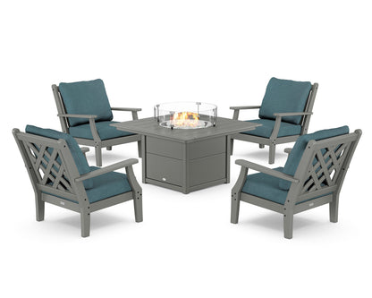 Country Living Wovendale 5-Piece Deep Seating Set with Fire Pit Table in Slate Grey / Ocean Teal
