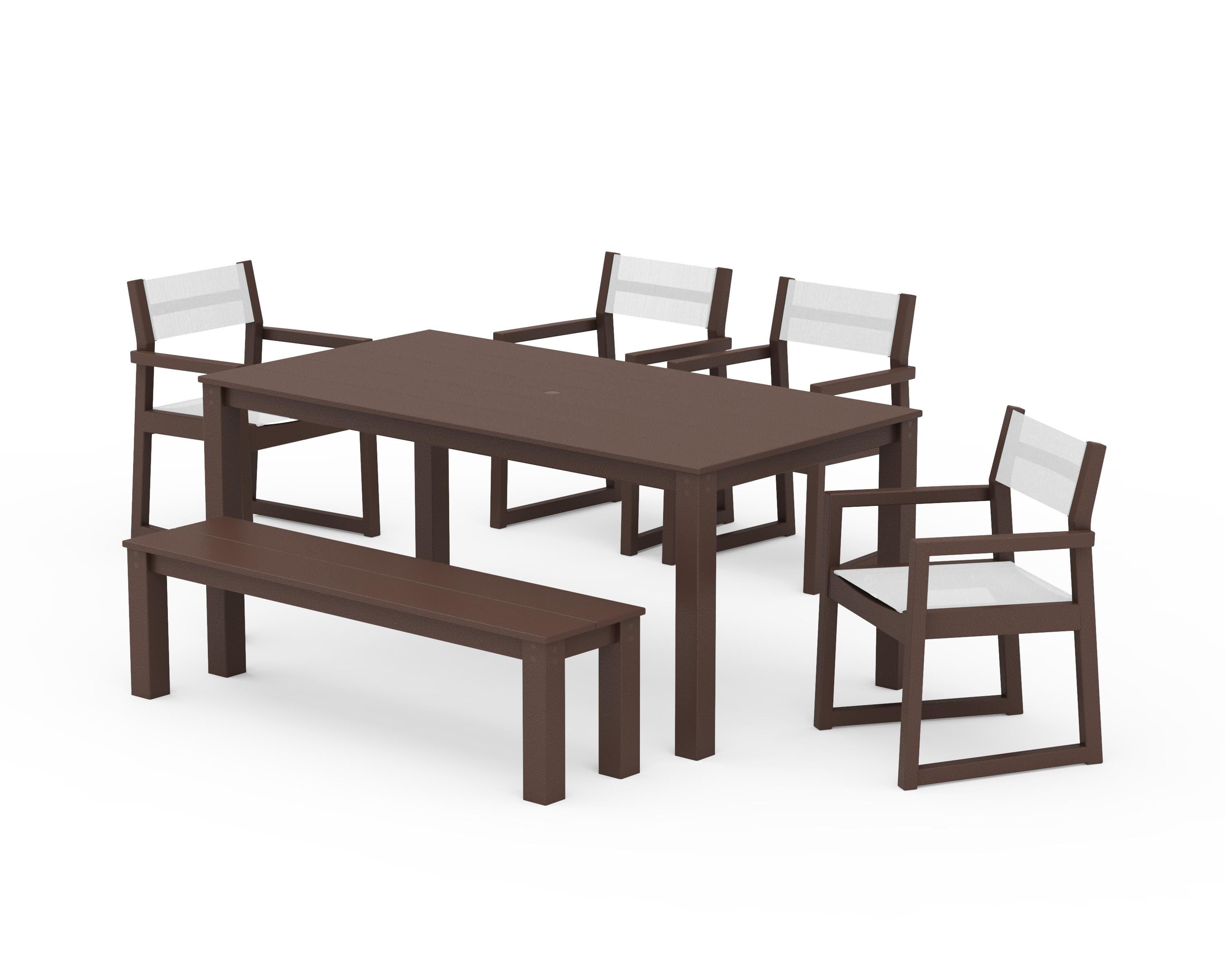 POLYWOOD® EDGE Sling Arm Chair 6-Piece Parsons Dining Set with Bench in Mahogany / White Sling