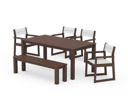 POLYWOOD® EDGE Sling Arm Chair 6-Piece Parsons Dining Set with Bench in Mahogany / White Sling