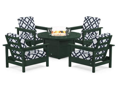 POLYWOOD® Club 5-Piece Conversation Set with Fire Pit Table in Green / Trellis Marine Indigo