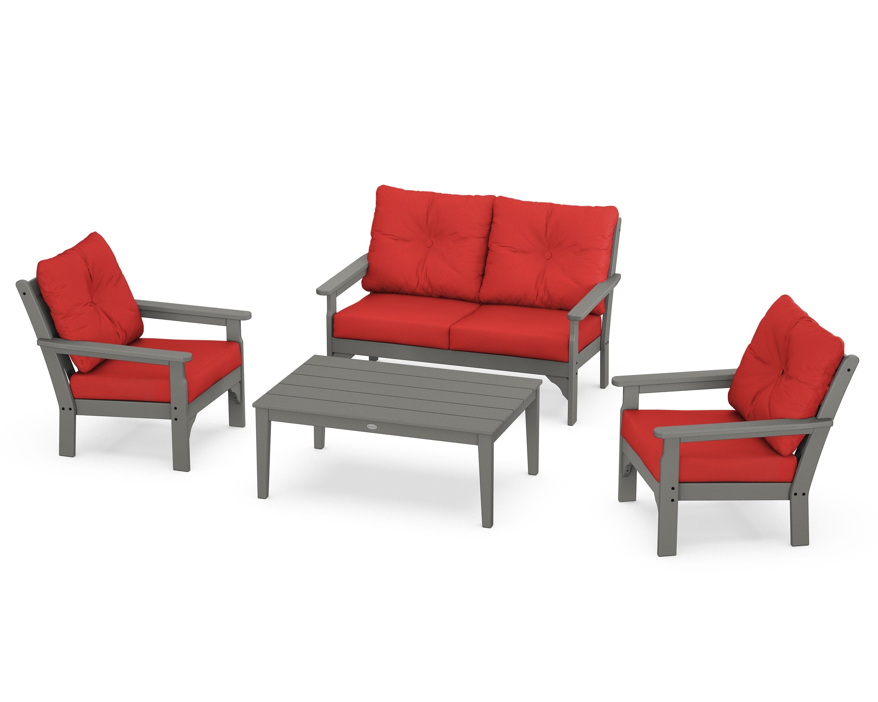 POLYWOOD® Vineyard 4-Piece Deep Seating Set in Slate Grey / Crimson Linen